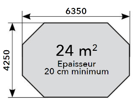 Schéma montrant les dimensions d'une dalle pour piscine octogonale avec une surface de 24 m² et une épaisseur minimale de 20 cm.